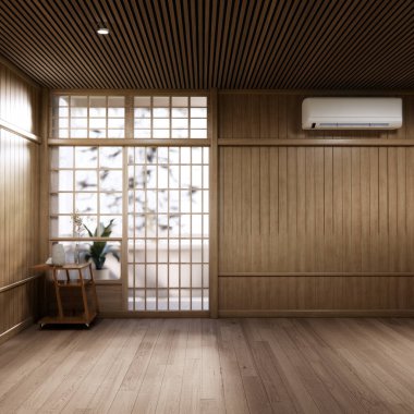 Muji tarzı boş oda ahşap paneller arka plan 3 boyutlu resimleme