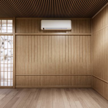 Muji tarzı boş oda ahşap paneller arka plan 3 boyutlu resimleme