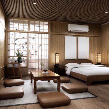 Japon geleneksel alçak masa ve en az muji odası japan tarzı 3D dekorasyon.