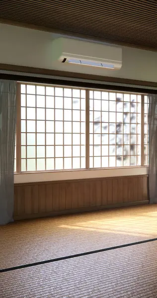 Japon tarzı tatami paspas ve lamba kaplı modern oda temizleme odası. 3B görüntüleme
