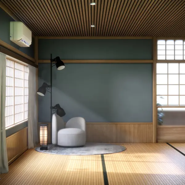 Modern oda iç mekanı wabisabi stil 3D yapımı koltuk ve dekorasyon japoncası.
