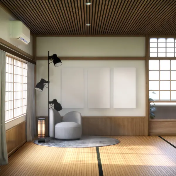 Modern oda iç mekanı wabisabi stil 3D yapımı koltuk ve dekorasyon japoncası.