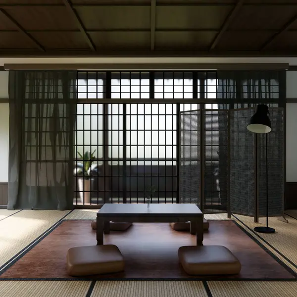 Japon geleneksel alçak masa ve en az muji odası japan tarzı 3D dekorasyon.