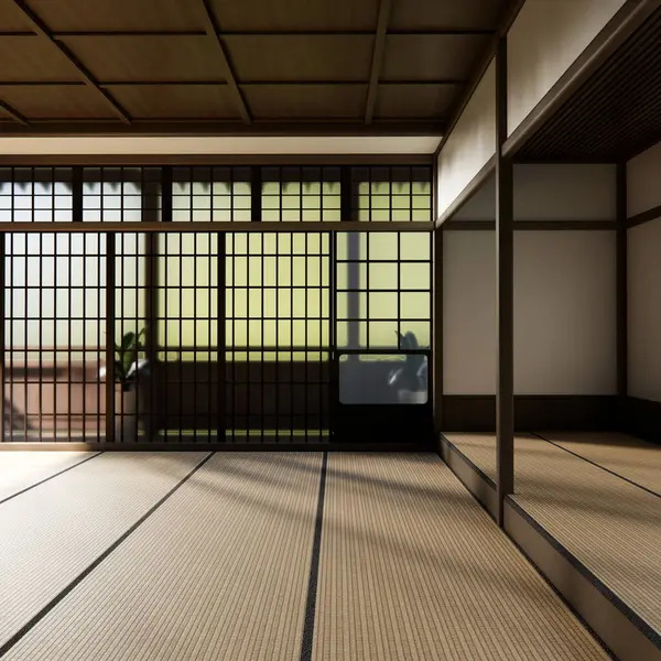 Japon tarzı tatami paspas ve lamba kaplı modern oda temizleme odası. 3B görüntüleme