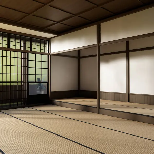 Japon tarzı tatami paspas ve lamba kaplı modern oda temizleme odası. 3B görüntüleme