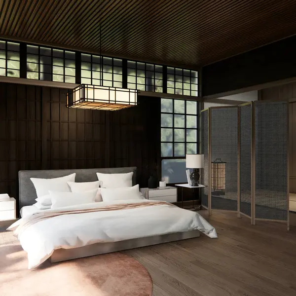 Yatak odası Japon geleneksel ve yatak yatağı modern ve odayı kültürlü göstermek için dekorasyon. 3B görüntüleme