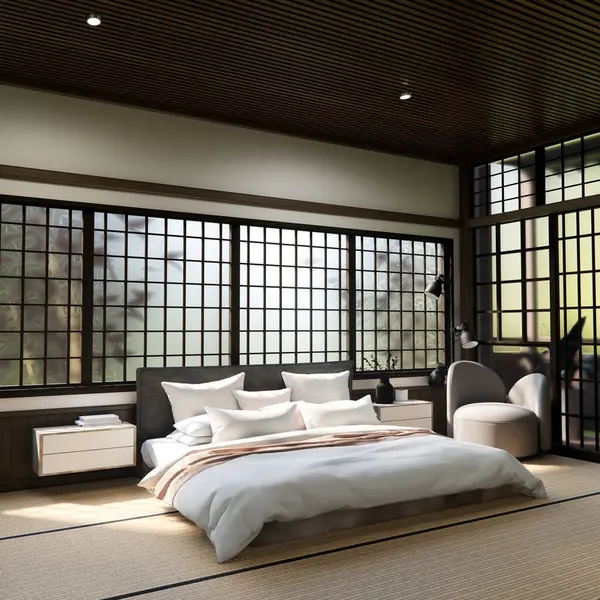 Yatak odası Japon geleneksel ve yatak yatağı modern ve odayı kültürlü göstermek için dekorasyon. 3B görüntüleme