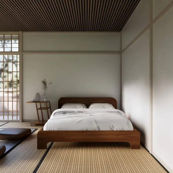 Yatak odası Japon geleneksel ve yatak yatağı modern ve odayı kültürlü göstermek için dekorasyon. 3B görüntüleme