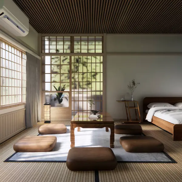 Japon geleneksel alçak masa ve en az muji odası japan tarzı 3D dekorasyon.