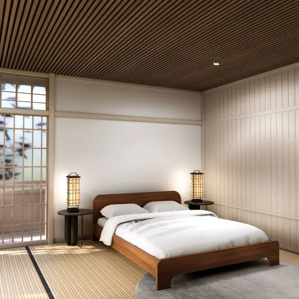 Yatak odası Japon geleneksel ve yatak yatağı modern ve odayı kültürlü göstermek için dekorasyon. 3B görüntüleme