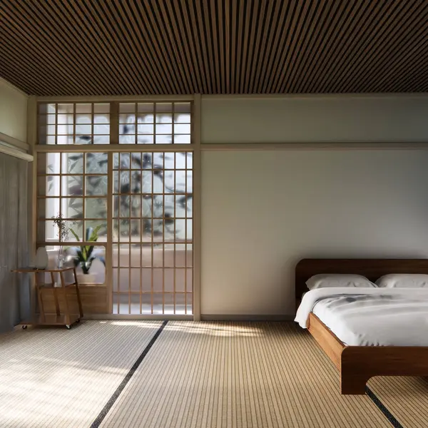 Yatak odası Japon geleneksel ve yatak yatağı modern ve odayı kültürlü göstermek için dekorasyon. 3B görüntüleme