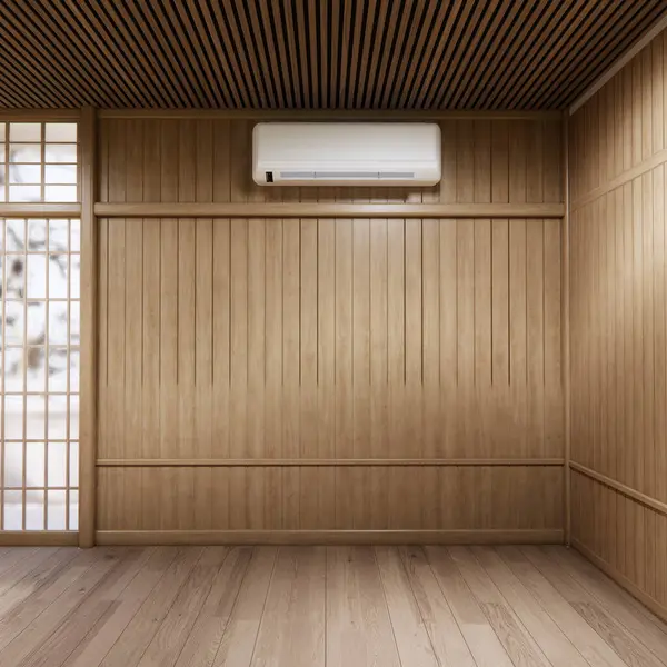 Muji tarzı boş oda ahşap paneller arka plan 3 boyutlu resimleme