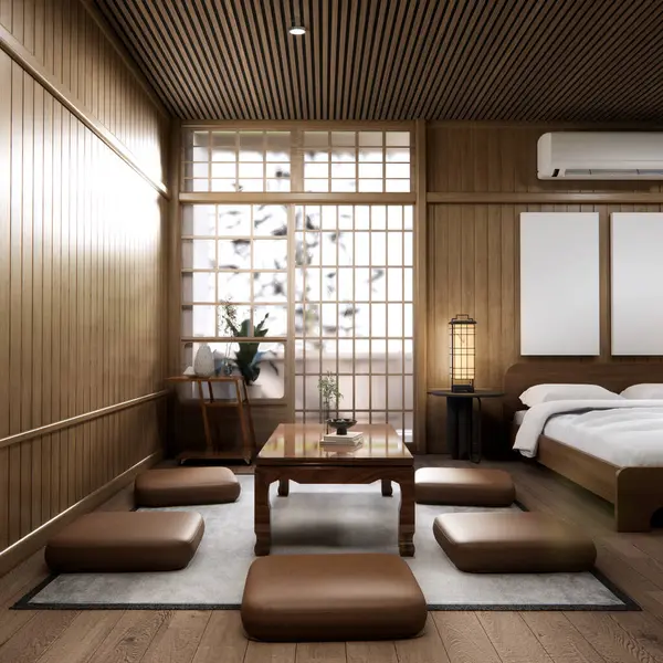 Japon geleneksel alçak masa ve en az muji odası japan tarzı 3D dekorasyon.