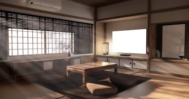 Japon geleneksel alçak masa ve en az muji odası japan tarzı 3D dekorasyon.