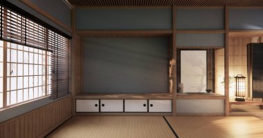 Serin renkler serinlik ve sakinlik hissi verir. Japon geleneksel odası, boş oda ve dekorasyon odası japan tarzı 3D görüntüleme.