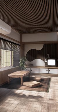 Japon geleneksel alçak masa ve en az muji odası japan tarzı 3D dekorasyon.