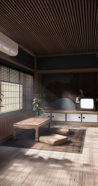 Serin renkler serinlik ve sakinlik hissi verir. Japon geleneksel odası, boş oda ve dekorasyon odası japan tarzı 3D görüntüleme.