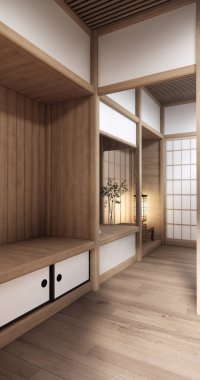 Japon tarzı dekorasyonla Asya ahşap odasının iç temizlik odası. 3B görüntüleme