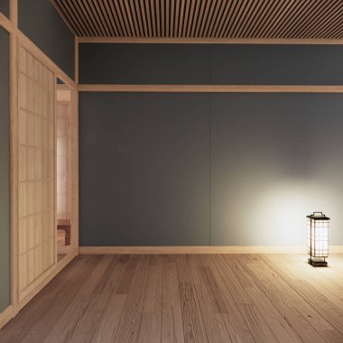 Serin renkler serinlik ve sakinlik hissi verir. Japon geleneksel odası, boş oda ve dekorasyon odası japan tarzı 3D görüntüleme.
