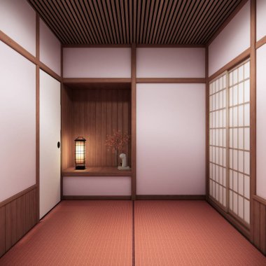 Japon tarzı dekorasyonlu pembe sakura odalı iç temizlik odası. 3B görüntüleme