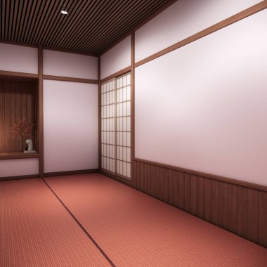Japon tarzı dekorasyonlu pembe sakura odalı iç temizlik odası. 3B görüntüleme