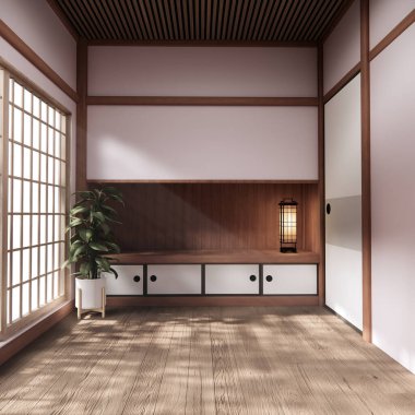 Japon tarzı dekorasyonlu pembe sakura odalı iç temizlik odası. 3B görüntüleme