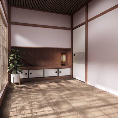 Japon tarzı dekorasyonlu pembe sakura odalı iç temizlik odası. 3B görüntüleme