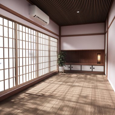 Japon tarzı dekorasyonlu pembe sakura odalı iç temizlik odası. 3B görüntüleme