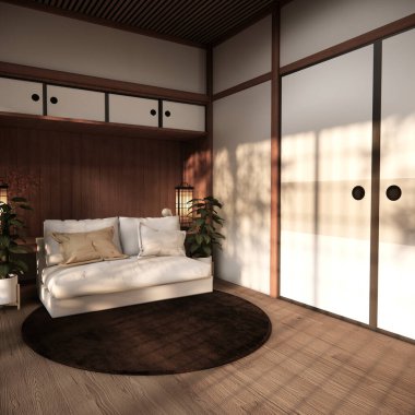 Modern oda iç mekanı wabisabi stil 3D yapımı koltuk ve dekorasyon japoncası.