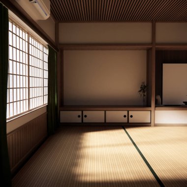 Japonya tatami paspas zeminli oturma odası iç temizlik odası Japon tarzı dekorasyonlu. 3B görüntüleme