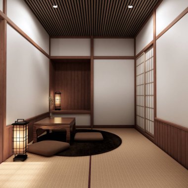 Chabudai japan geleneksel alçak masa ve en az Japon odası 3D dekorasyonu.