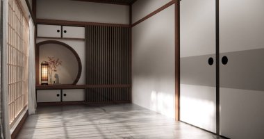 Boş oda Japon geleneklerine göre 3D döşeyen boş raf duvarı ve dekorasyon lambası.