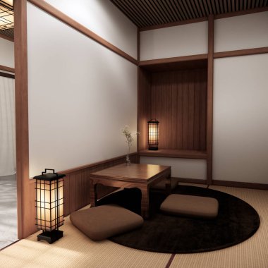 Chabudai japan geleneksel alçak masa ve en az Japon odası 3D dekorasyonu.