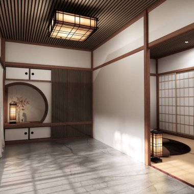 Boş oda Japon geleneklerine göre 3D döşeyen boş raf duvarı ve dekorasyon lambası.