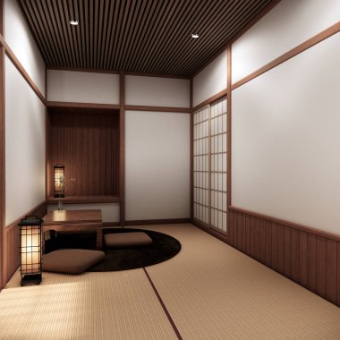 Chabudai japan geleneksel alçak masa ve en az Japon odası 3D dekorasyonu.