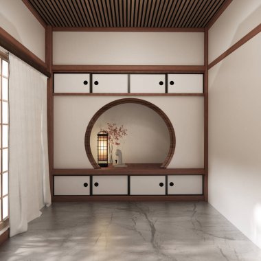 Boş oda Japon geleneklerine göre 3D döşeyen boş raf duvarı ve dekorasyon lambası.