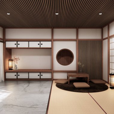 Chabudai japan geleneksel alçak masa ve en az Japon odası 3D dekorasyonu.
