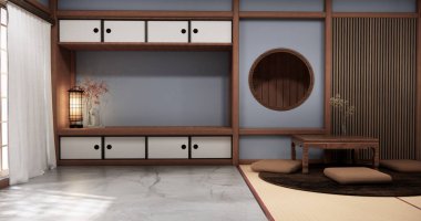 Boş oda Japon geleneklerine göre 3D döşeyen boş raf duvarı ve dekorasyon lambası.