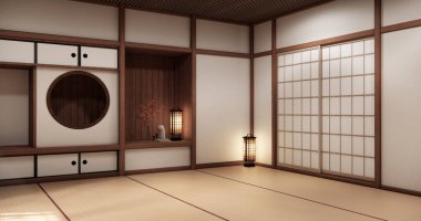 Boş oda Japon geleneklerine göre 3D döşeyen boş raf duvarı ve dekorasyon lambası.