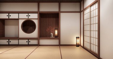 Boş oda Japon geleneklerine göre 3D döşeyen boş raf duvarı ve dekorasyon lambası.