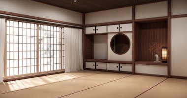 Boş oda Japon geleneklerine göre 3D döşeyen boş raf duvarı ve dekorasyon lambası.
