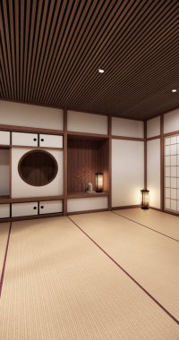 Boş oda Japon geleneklerine göre 3D döşeyen boş raf duvarı ve dekorasyon lambası.