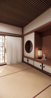 Boş oda Japon geleneklerine göre 3D döşeyen boş raf duvarı ve dekorasyon lambası.