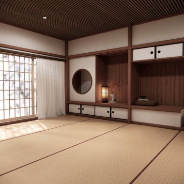 Boş oda Japon geleneklerine göre 3D döşeyen boş raf duvarı ve dekorasyon lambası.