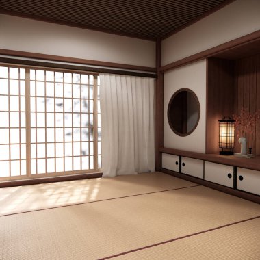 Boş oda Japon geleneklerine göre 3D döşeyen boş raf duvarı ve dekorasyon lambası.