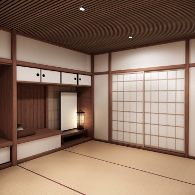 Boş oda Japon geleneklerine göre 3D döşeyen boş raf duvarı ve dekorasyon lambası.