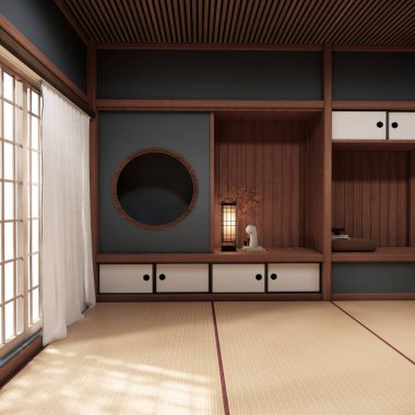 Boş oda Japon geleneklerine göre 3D döşeyen boş raf duvarı ve dekorasyon lambası.