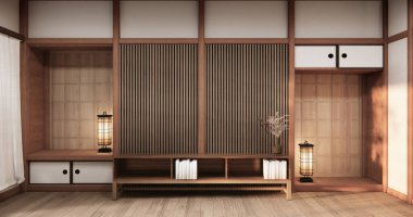 Tokonoma duvar tasarımı oturma odası iç temizlik odası geleneksel Japon tarzı. 3B görüntüleme