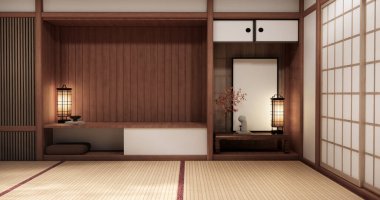 Tokonoma duvar tasarımı oturma odası iç temizlik odası geleneksel Japon tarzı. 3B görüntüleme