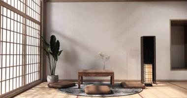 Chabudai japan geleneksel alçak masa ve en az Japon odası 3D dekorasyonu.